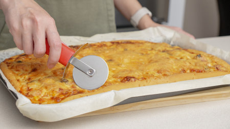 Cutting pizza with a round cutter knife. Close-up of delicious pizza being cut into pieces. Slow motion slicing a pizza into multiple slices with a cutterの写真素材