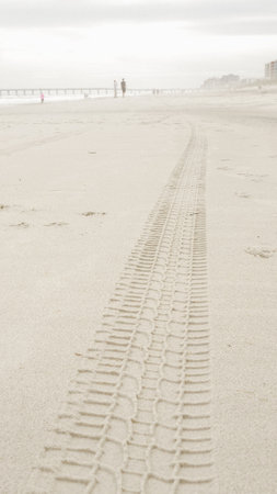 A serene image captures a single tire track delicately etched on the sandy shore, blending human touch with natures beauty in a harmonious display of contrast and tranquility.の写真素材
