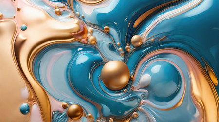An abstract art piece featuring swirling teal blue, turquoise, and gold accents with a fluid marble texture. Perfect for adding elegance and depth to any design project.の素材