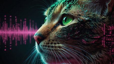 A stunning photograph of a cat with vibrant fur and mesmerizing green eyes. This unique feline captivates viewers and is perfect for various creative projects and animal lovers.の素材