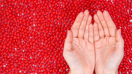 Female Hands holding together. Mockup design. A Pile of Heart Shaped Red Candies for Love and Romance on White Background.の写真素材