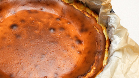 Stunning Top View of a Delicious Homemade Baked Cheesecake with Cracks on White Background.の写真素材