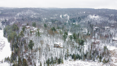 Aerial view of a peaceful winter forest with snow-covered trees and quaint cabins. This serene landscape captures the beauty of a cold season woodland, ideal for scenic wallpaper.の写真素材