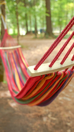 A vibrant, colorful striped hammock is gracefully hanging between two tall trees in a peaceful forest. The hammock remains empty, gently swaying back and forth in the soft breeze, inviting relaxation.の写真素材