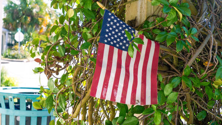 American flag is displayed among lush green leaves, creating a vivid contrast in a bright outdoor...