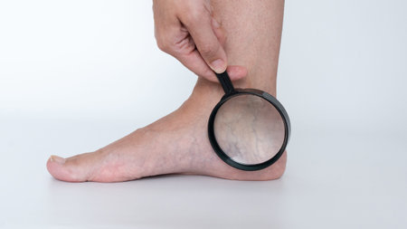 Close-up of a hand using a magnifying glass on a foot showing varicose veins, emphasizing the...