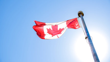 Canadian flag is fluttering in the wind against a bright blue sky, representing national identity...