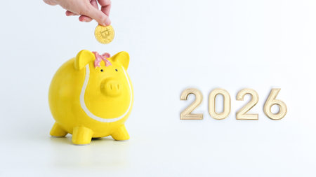 A hand drops a coin into a yellow piggy bank. The year 2026 is displayed next to the piggy bank, symbolizing savings and financial planning for the new year.の写真素材