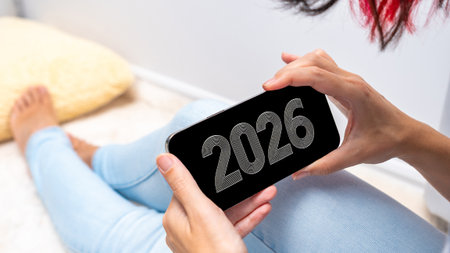 A young woman with red hair holds a smartphone displaying the year 2026. She sits on a light-colored floor, wearing blue jeans and relaxed attire.の写真素材