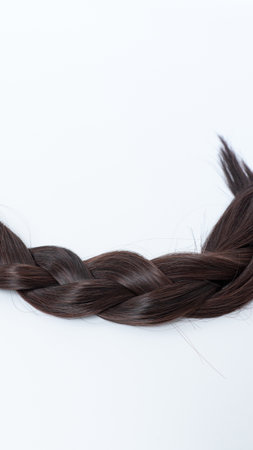 Dark braided hair is elegantly arranged against a bright white backdrop, highlighting the smooth texture and healthy appearance of the hairの写真素材