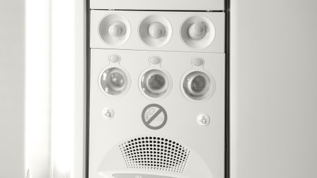 Modern white air conditioning unit in the airplane with control panel and indicator lights for indoor climate control, toned with Colour of the year Cloud Dancer.の写真素材