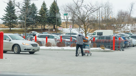 Ottawa ON, Canada - December 05, 2025: Individual in gray plaid shirt pushes a shopping cart through a snowy parking lot with cars and treesのeditorial素材