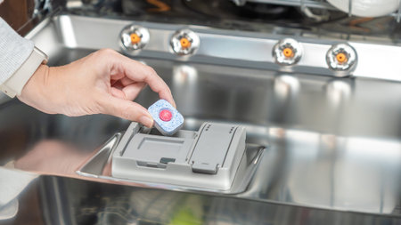 Hand inserts dishwasher tablet into compartment of stainless steel dishwasher, with control panel...