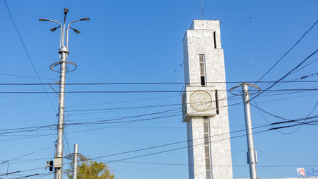 Bishkek, Kyrgyzstan - October 01, 2024: Iconic Clock Tower of Bishkek City rises prominently against...