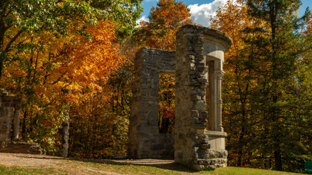 Gatineau QC, Canada - September 21, 2025: Ruins of Mackenzie King Estate in Gatineau Park, framed by...