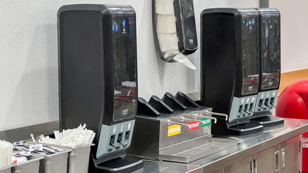 St Augustine FL, USA - March 07, 2026: Beverage dispensers featuring various drink options are...