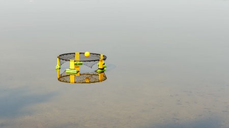 Fishing net with yellow floats and a ball floats on still water, creating a reflection of the surrounding environment in a tranquil scene