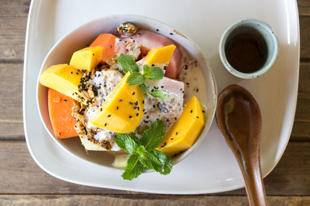 Exotic Fruit Salad with Yogurt and Muesliの写真素材