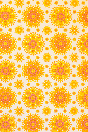 An empty room with yellow and orange vintage wallpaper and wooden floor.の写真素材