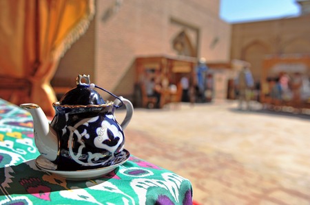 Khiva: teapot in traditional uzbek teahouseの写真素材