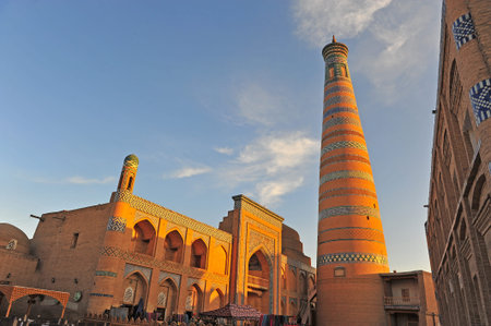 Khiva: medieval minaret on sunsetのeditorial素材
