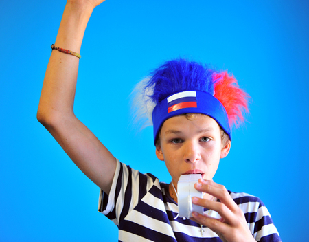 Portrait of a fan of russian football teamの写真素材