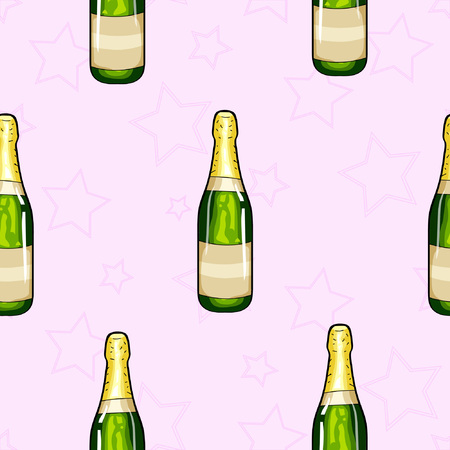 Seamless pattern champagne bottle. Pink stars background. Cartoon style. Hand drawing champagne. Vector illustration champagne. New Year background. Merry Christmas background. Holidays background.のイラスト素材