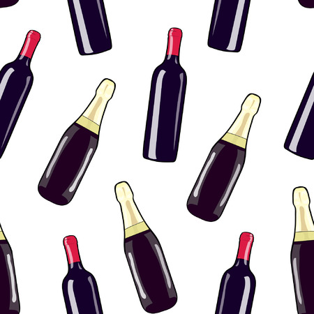 A bottle of wine and a bottle of champagne. Seamless pattern bottle. Hand drawing alcohol bottle. Vector illustration wine and champagne. Alcohol card. Champagne pattern. Wine pattern. Alcohol print.のイラスト素材