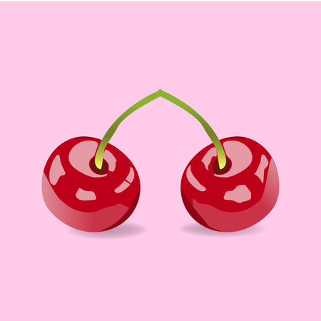 Two cherries on a pink background. Berries logo, icon. Isolated vector object.
