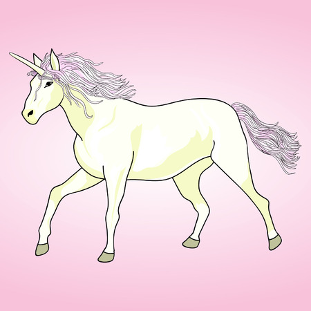 Yellow fairy unicorn with pink mane and pink tail. Magic unicorn card. Hand drawing. Vector illustration.のイラスト素材