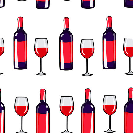 Seamless pattern glass of wine and wine bottle. Red wine print. Alcohol background. Hand drawing. Vector illustration. Red wine card.のイラスト素材