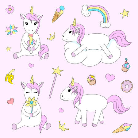 Set of cute unicorn on pink background. A collection of colorful design elements for a little girl. Hand drawing of unicorns in cartoon style. Vector illustration.のイラスト素材
