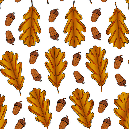 Seamless pattern from oak leaves and acorn on a white background. Hand drawing. Vector illustration. Autumn wallpaper.のイラスト素材