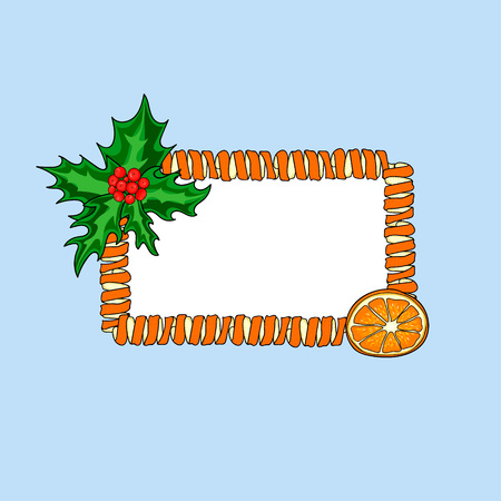 New Year banner. Place for text in a frame of orange peel, orange slice and leaves and berries holly on a blue background. Hand drawing. Vector illustration.のイラスト素材