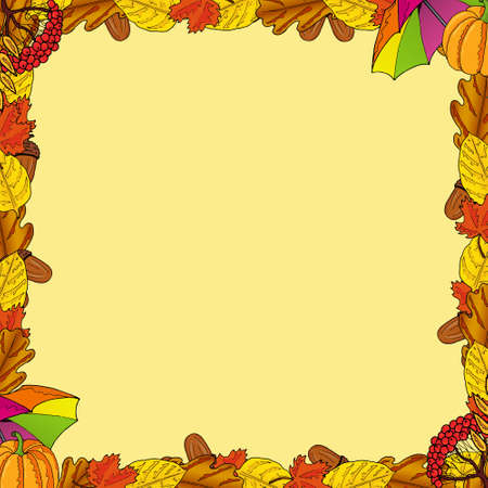 Yellow background with frame of red and autumn leaves.のイラスト素材