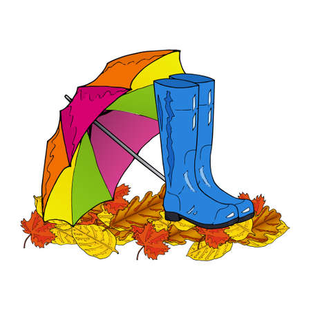 Autumn print. Blue rubber boots and a colorful umbrella on the leaves. Hand drawing.のイラスト素材