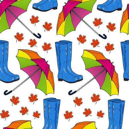 Seamless pattern from blue rubber boots, colorful umbrella and red maple leaves on a white background. Hand drawing. Vector illustration.のイラスト素材