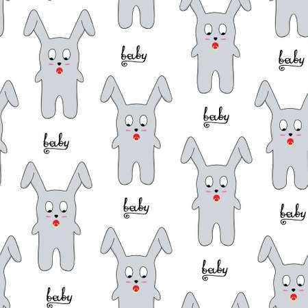Seamless pattern of gray bunny on a white background. Cartoon rabbits and lettering Baby. Hand drawing. Vector illustration for baby textiles, clothes.のイラスト素材