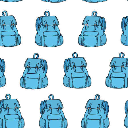 Seamless pattern blue backpack on a white background. Fashion wallpaper. Hand drawing. Vector illustration in cartoon style.のイラスト素材