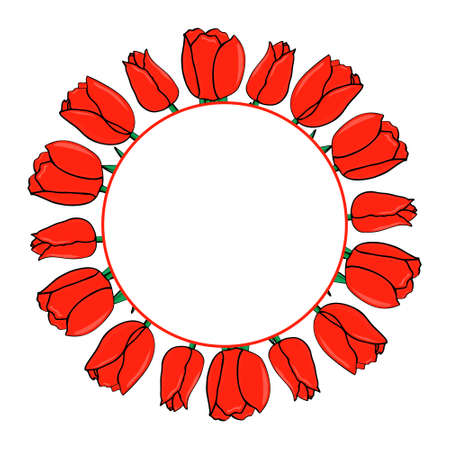 Round banner with red tulips and green leaves. Vector illustration.のイラスト素材