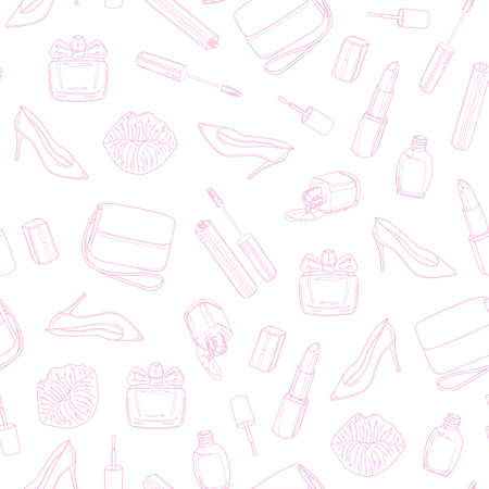 Beauty seamless pattern on a white background. Women shoes, handbag, nail polish, lipstick, mascara, perfume, kiss. Hand drawing pink outline design elements. Vector illustration.のイラスト素材
