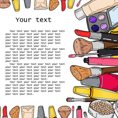 Frame for text made from makeup products on a white background. Hand drawing. Beauty illustration in a cartoon style.のイラスト素材