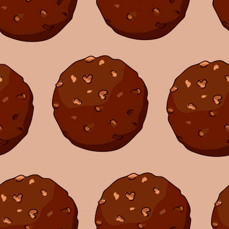 Seamless pattern from round chocolates with nuts on a beige background. Hand drawing. Vector illustration in a cartoon style.のイラスト素材