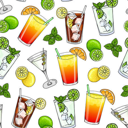 Seamless pattern of glass of mojito, Long Island Ice Tea, Dry Martini Cocktail, Sex on the Beach cocktail, mint leaves, lemon and lime on a white background. Hand drawing. Illustration.のイラスト素材