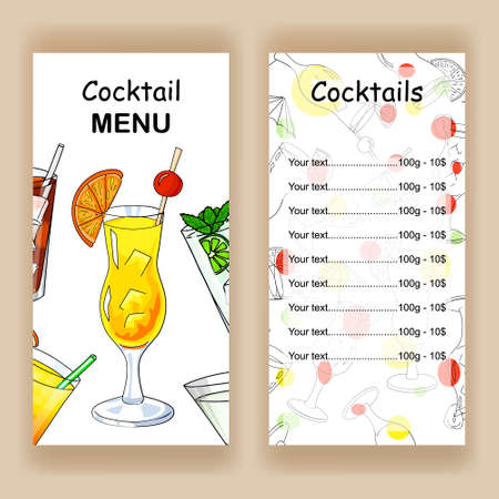 Design a cocktail menu. Menu cover and price. Colorful illustration in cartoon style on a white background. Hand drawing. Vector menu of cocktails for a bar, cafe, restaurant.のイラスト素材