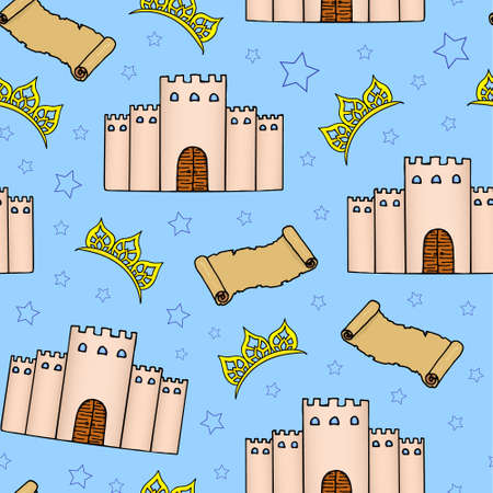 Fairy tale seamless pattern. Castle, diadem, stars and old scroll on a blue background. Hand drawing. Vector illustration. Little girl wallpaper.のイラスト素材