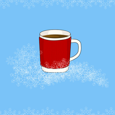 Mug of tea, of coffee in a knitted dress on a blue background. Whirlwind of white snowflakes. Winter card. Hand drawing Christmas background. Vector illustration cossines cup. Cozy knitted cup.のイラスト素材