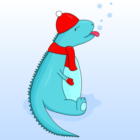 Cartoon dinosaur in a cap and scarf tongue catches snowflakes. Winter card. Hand drawing. Childrens vector illustration. Christmas card.のイラスト素材