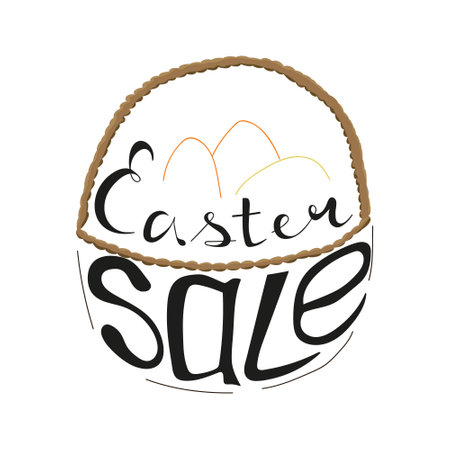 Hand written words Easter Sale. Lettering for Holiday. Easter eggs in the basket outline. Hand drawing. Vector illustration. white background.のイラスト素材
