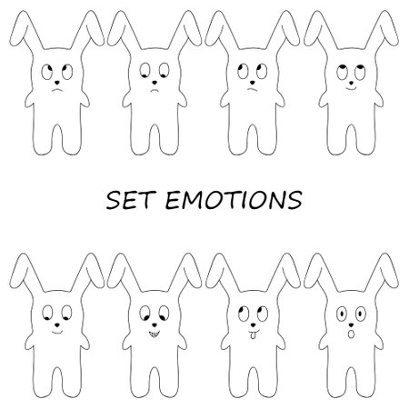 Set of emotions cute bunny in the cartoon style. Set of rabbits. Hand drawing. Vector illustration.のイラスト素材